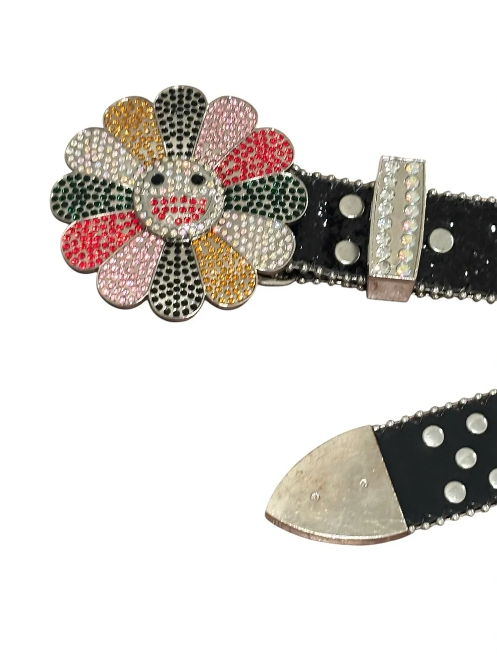 Rhinestone Flower Spinning Belt Buckle - Multicolor Smiley Flower Super Cute
